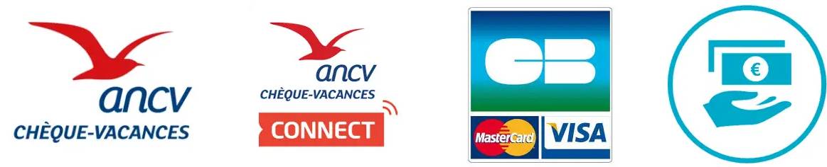 Modes de paiement : ANCV, Chèque-Vacances Connect, CB, MasterCard, Visa, Espèces